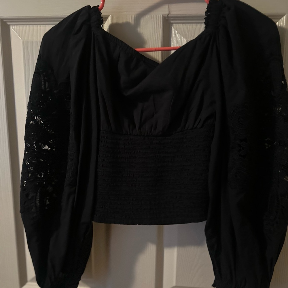 FARM Rio Black Lace Sleeve Blouse